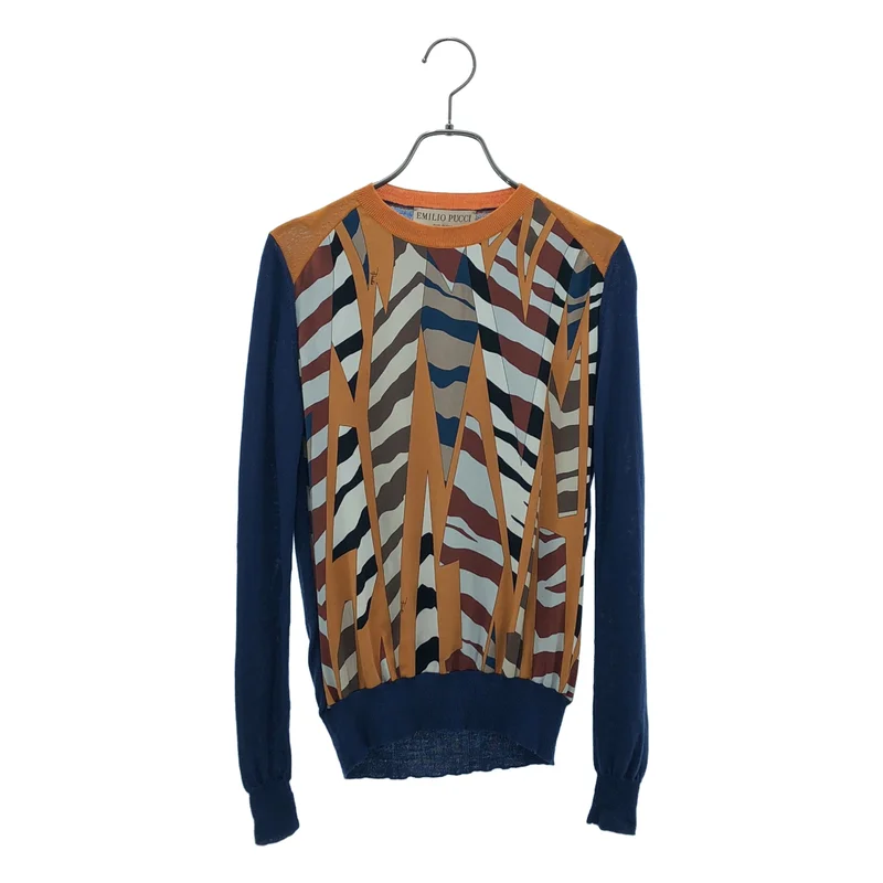 EMILIO PUCCI / エミリオプッチ | シルク ジオメトリック柄 切替 クルーネックニット | XS | レディース