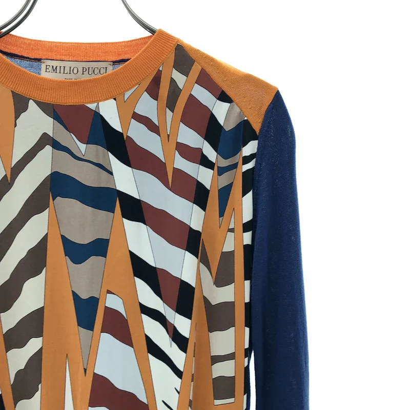 EMILIO PUCCI / エミリオプッチ | シルク ジオメトリック柄 切替 クルーネックニット | XS | レディース