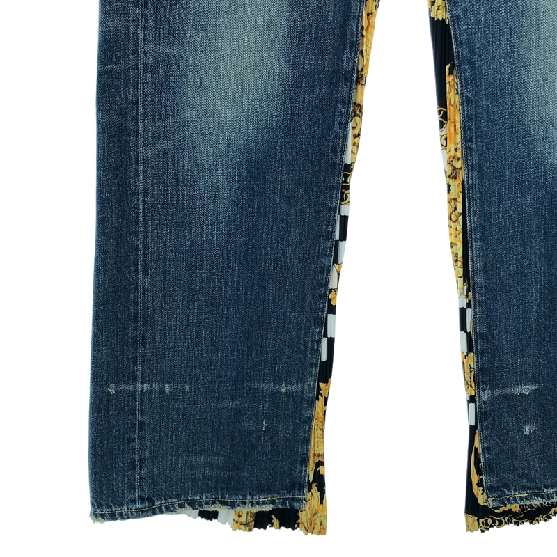 JUNYA WATANABE COMME des GARCONS denim / ジュンヤワタナベコムデギャルソンデニム | 2021AW | × VERSACE プリーツ切替 ダメージ加デニムパンツ | S | レディース