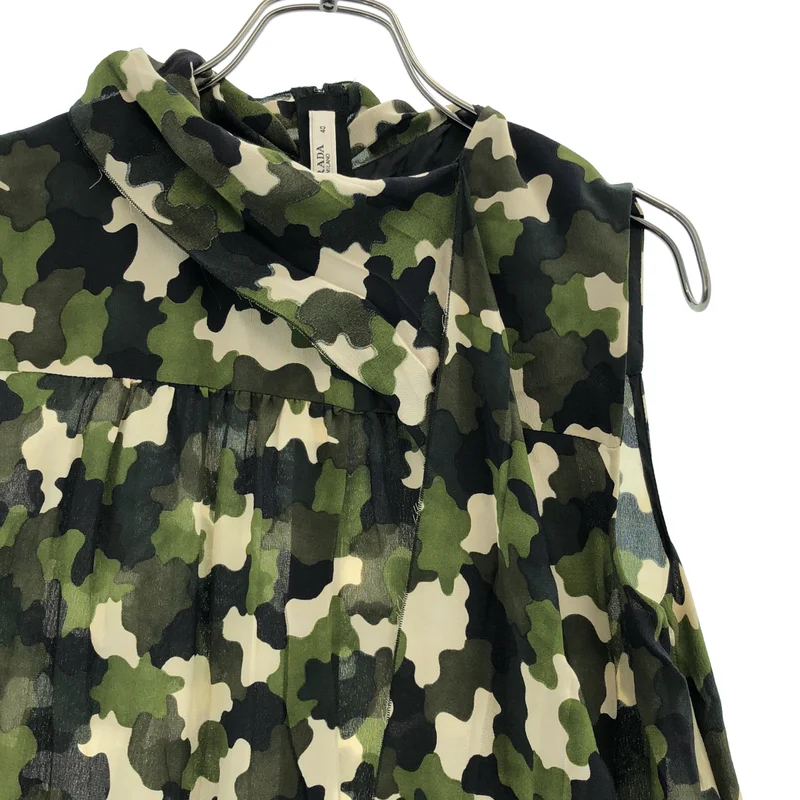 PRADA / プラダ | シルク 総柄 カモフラージュ ノースリーブ ドレス ワンピース | 40 | レディース