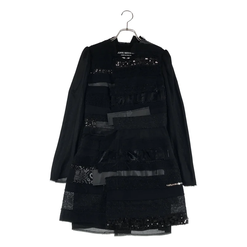 JUNYA WATANABE COMME des GARCONS / ジュンヤワタナベ | 2014AW | ポリエステル 異素材 切替 総パッチ スパンコール ロングジャケット | XS | レディース
