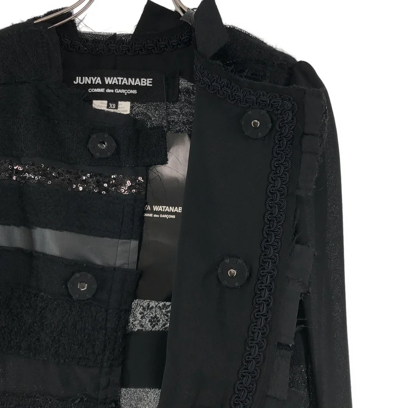 JUNYA WATANABE COMME des GARCONS / ジュンヤワタナベ | 2014AW | ポリエステル 異素材 切替 総パッチ スパンコール ロングジャケット | XS | レディース