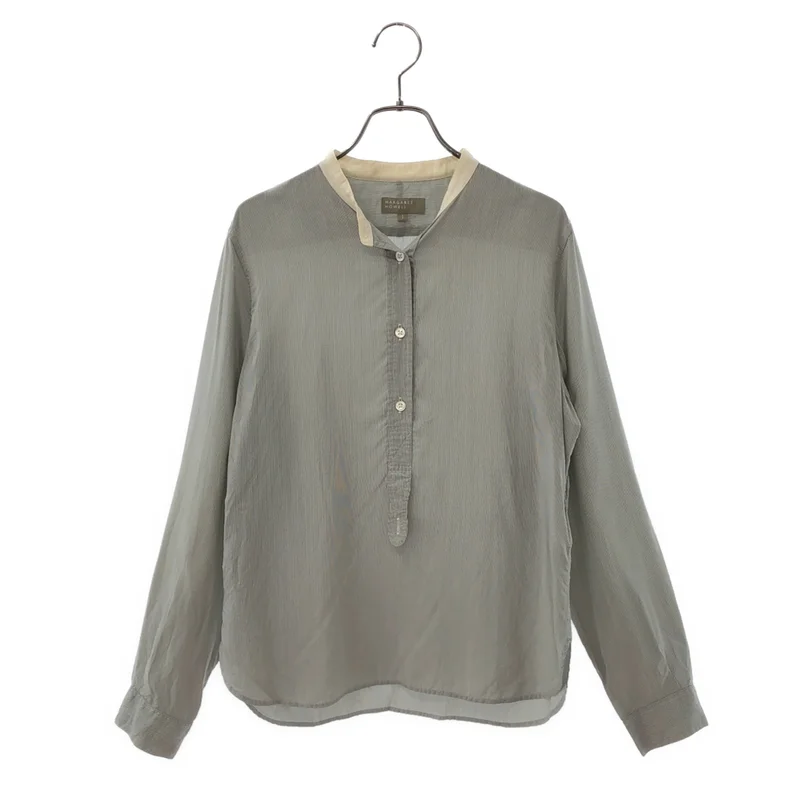 MARGARET HOWELL / マーガレットハウエル | silk 100％ / シルク ストライプ バンドカラー シャツ ブラウス | 1 | レディース