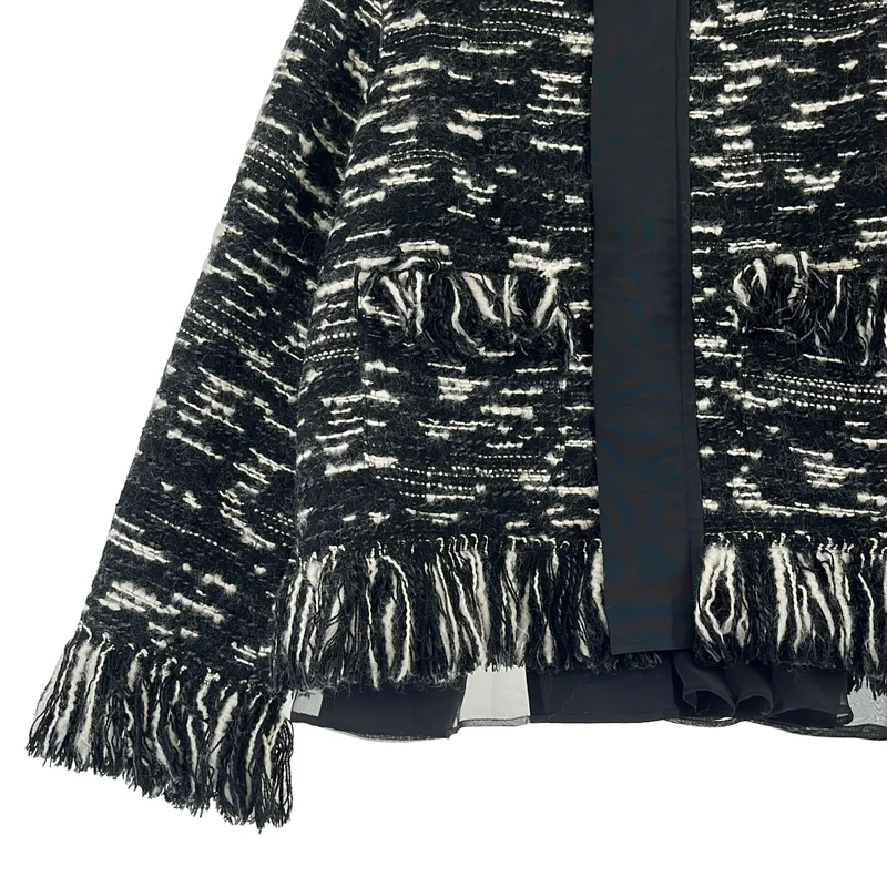 sacai / サカイ | Tweed × Grosgrain Blouson 異素材 フリンジ ツイードジャケット | 2 | レディース