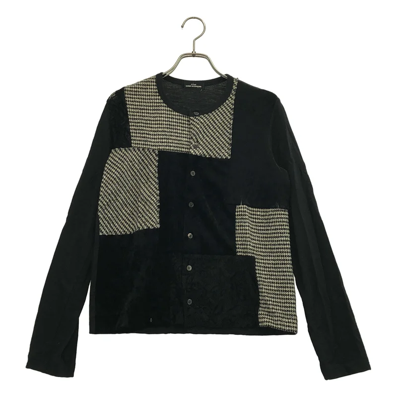 tricot COMME des GARCONS / トリココムデギャルソン | ベロア 千鳥格子 フラワー刺しゅう パッチワーク ニットカーディガン |