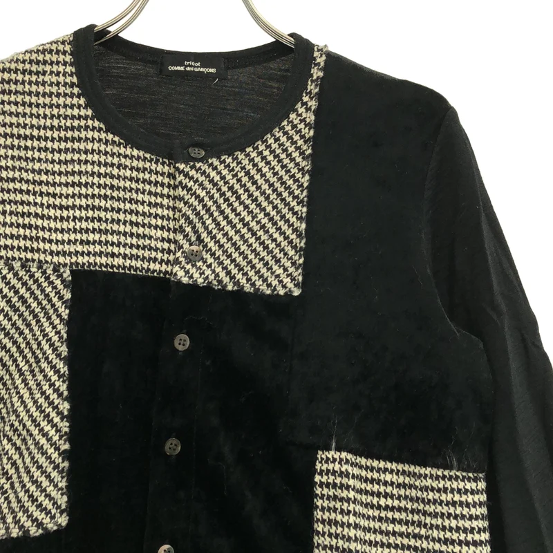 tricot COMME des GARCONS / トリココムデギャルソン | ベロア 千鳥格子 フラワー刺しゅう パッチワーク ニットカーディガン |