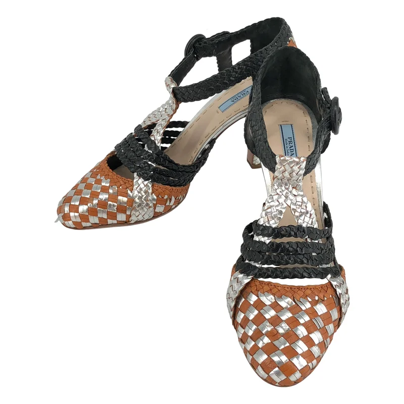 PRADA / プラダ | レザー 編み込み ポインテッドトゥ ハイヒール サンダル | 38 1/2 | レディース