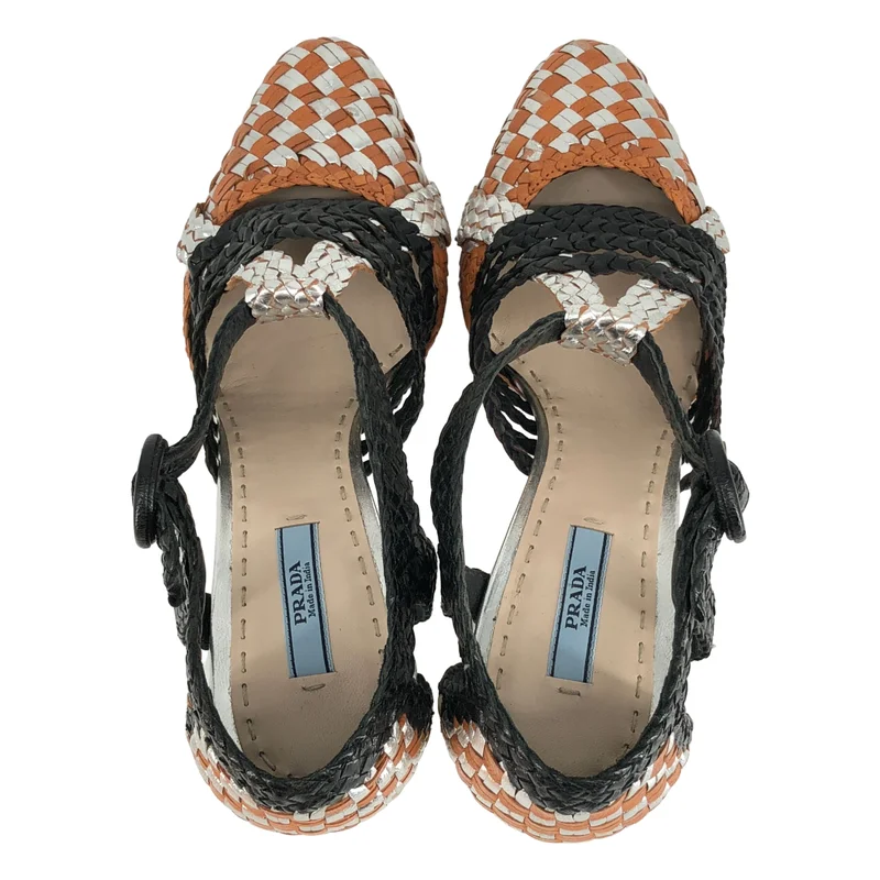 PRADA / プラダ | レザー 編み込み ポインテッドトゥ ハイヒール サンダル | 38 1/2 | レディース