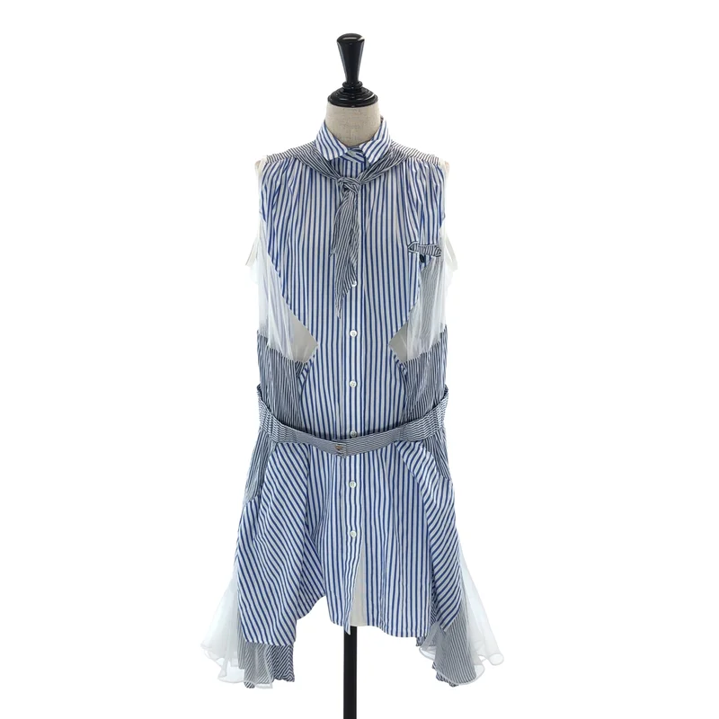 sacai / サカイ | 異素材切替 ストライプ ノースリーブワンピース | 1 | レディース