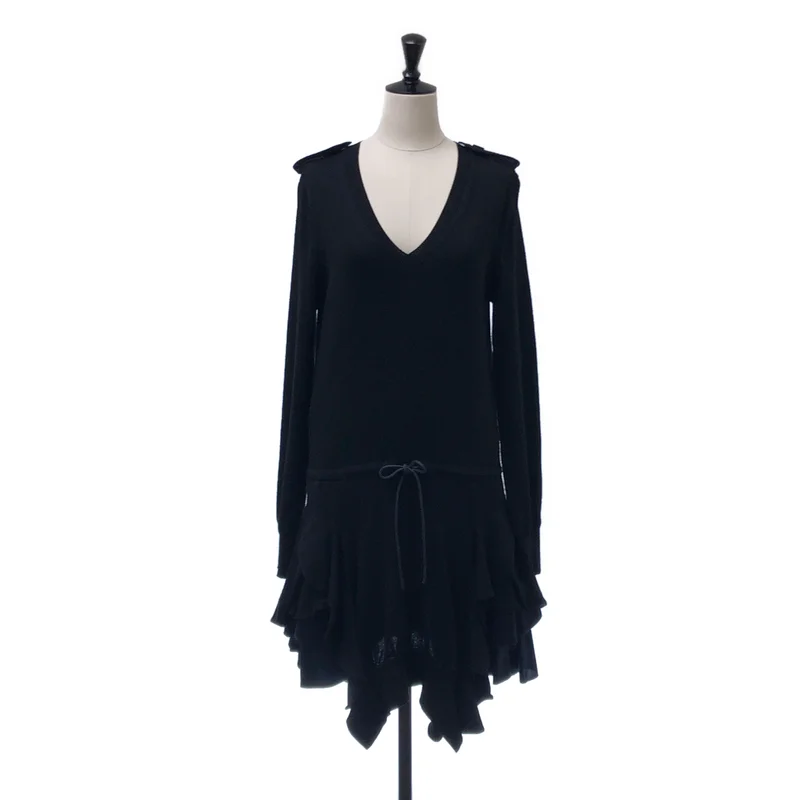 sacai / サカイ | ウール 異素材切り替え エポレット Vネック ニットワンピース | 2 | レディース