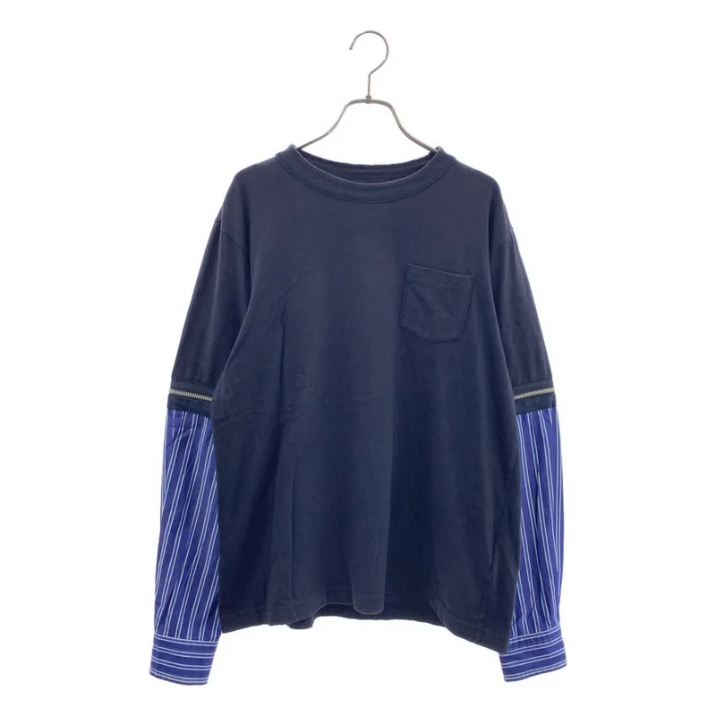 sacai / サカイ | 2020SS | ZIP SLEEVE LONG TEE / コットン ストライプ 切り替え ジップスリーブ ロングTシャツ カットソー | 1 | メンズ