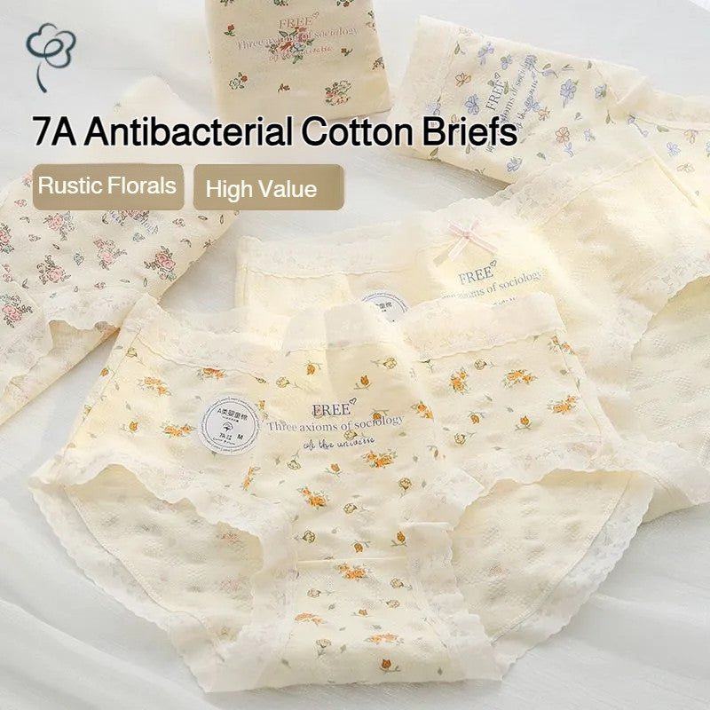 『Brelira』French Floral Cotton Panties Seamless Antibacterial Mid Waist Panty Lace Breathable Women Underwear