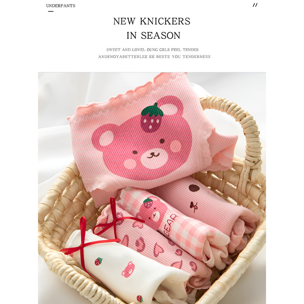『Brelira』Cute Bear Printed Cotton Panties Lace Panties Breathable Seamless Antibacterial Girls Panty Women Mid Waist Underwear