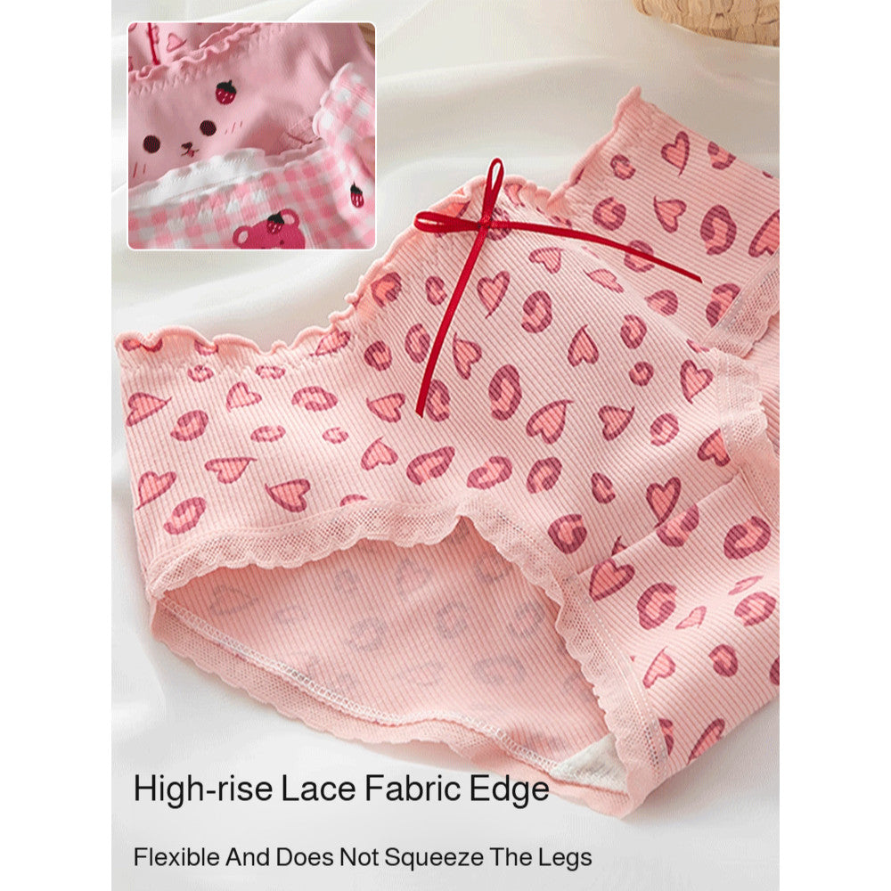 『Brelira』Cute Bear Printed Cotton Panties Lace Panties Breathable Seamless Antibacterial Girls Panty Women Mid Waist Underwear