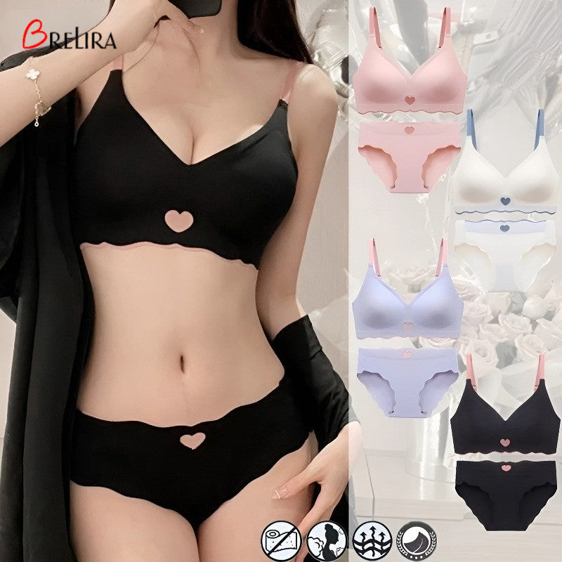 『Brelira』Seamless Push Up Bra Sets Anti-Sagging Jelly Support Wireless Underwear Peach Heart Undies Women Lingerie