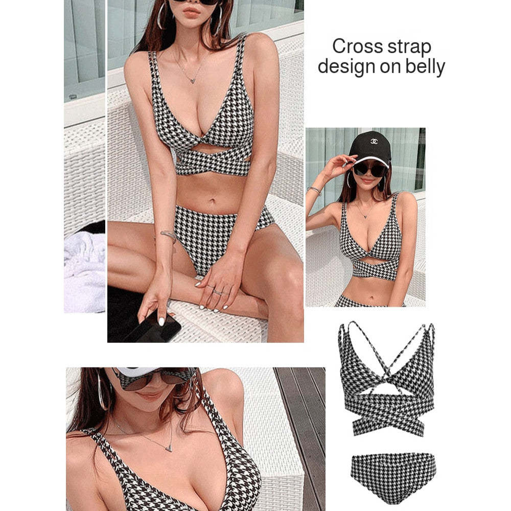 『Brelira』Houndstooth Split Bikini Set Women Sexy High-quality 3-piece Swimsuit Slim Swimwear