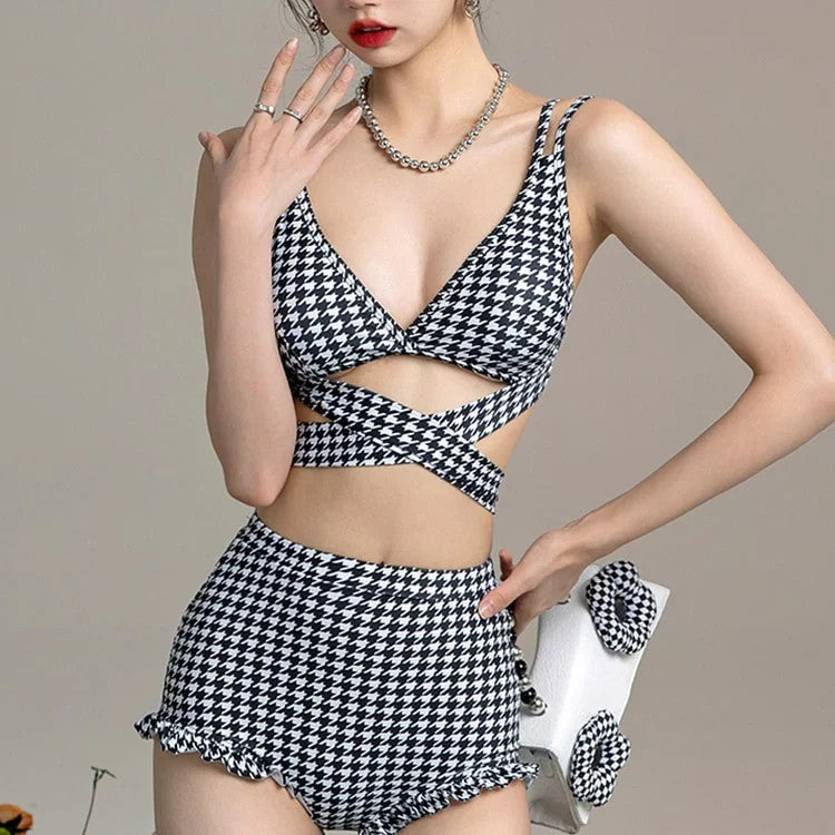 『Brelira』Houndstooth Split Bikini Set Women Sexy High-quality 3-piece Swimsuit Slim Swimwear