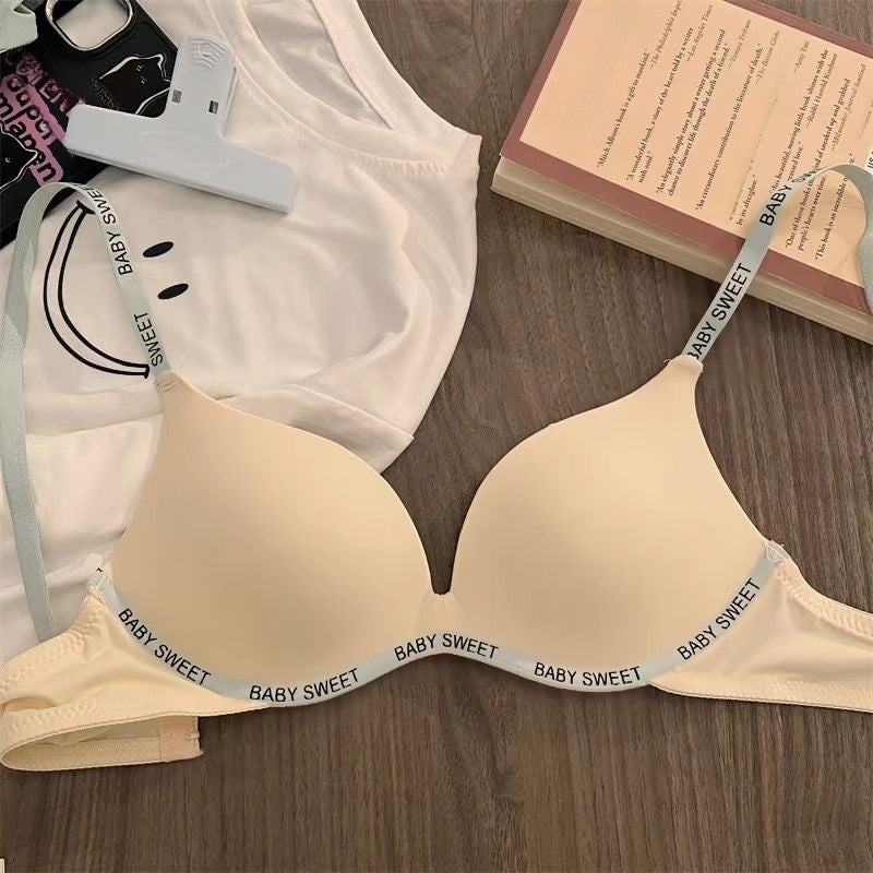 『Brelira』Letter Strap Bra Seamless Push-Up Bra Small Chest Gathering Wireless Summer Breathable Ultra-Thin Section Underwear