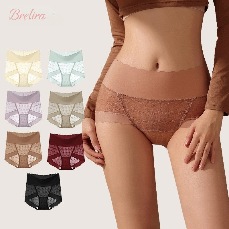 『Brelira』Lace Panties High Waist Plus Size Seamless Sexy Ladies Panty Mulberry Silk Crotch Butt Lift Breathable Underwear