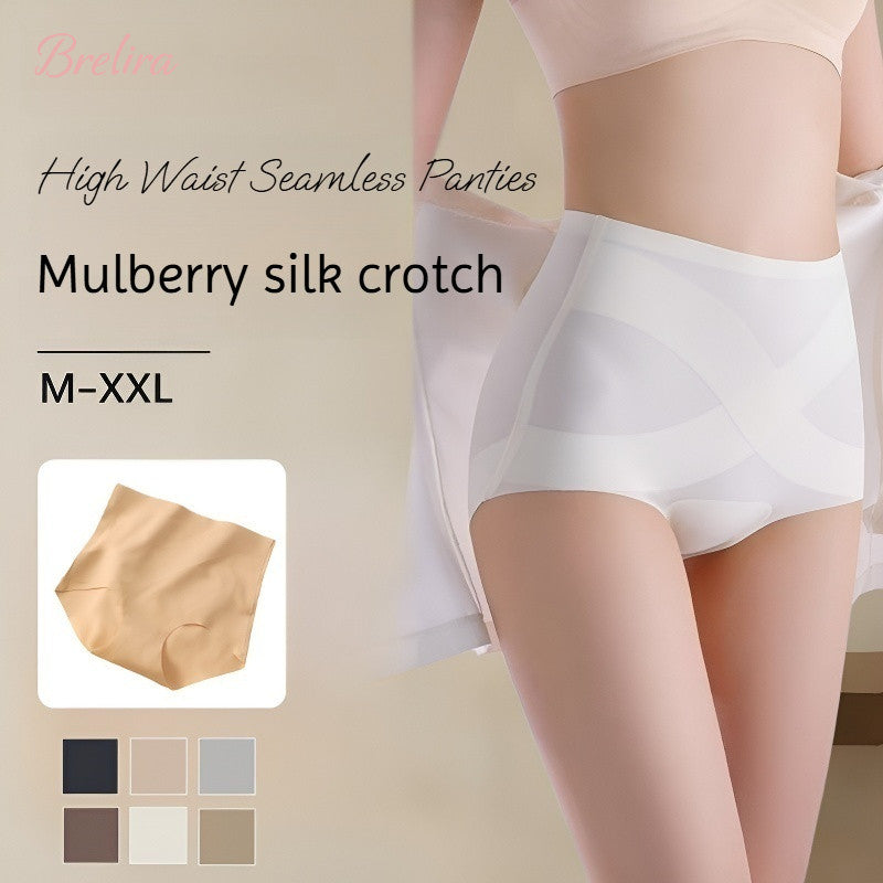 『Brelira』Ice Silk High Waisted Panties Anti-Bacterial Mulberry Silk Seamless Invisible Non-Marking Hip Lift Underwear