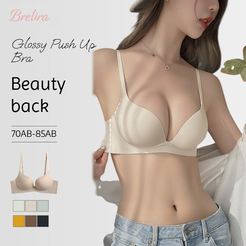 『Brelira』Glossy Push Up Bra Small Chest Gathering Seamless Wireless Beautiful Back Half Cup Bra Ladies Lingerie