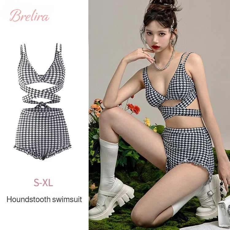 『Brelira』Houndstooth Split Bikini Set Women Sexy High-quality 3-piece Swimsuit Slim Swimwear