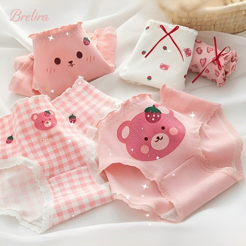 『Brelira』Cute Bear Printed Cotton Panties Lace Panties Breathable Seamless Antibacterial Girls Panty Women Mid Waist Underwear