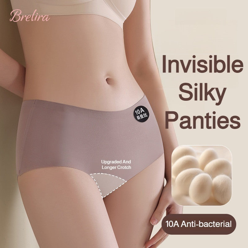『Brelira』10A Antibacterial Panties Mid Waist Ice Silk Extended Mulberry Crotch Seamless Woman Underwear Breathable Yoga Panty