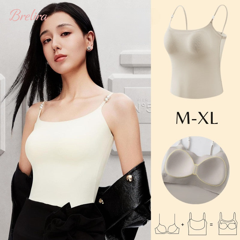『Brelira』Camellia Seamless Camisole Fixed Cup Bra Breathable Full Coverage Basic Tank Top Wireless Vest