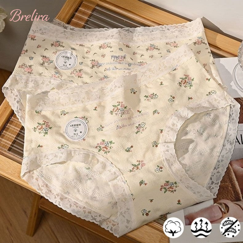 『Brelira』French Floral Cotton Panties Seamless Antibacterial Mid Waist Panty Lace Breathable Women Underwear