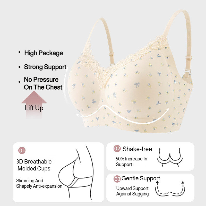 『Brelira』French Lace Wireless Push-Up Bra – Seamless, Fixed Cup & 3D Soft Support