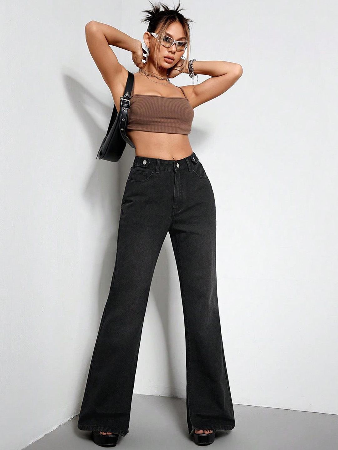 KOTTY Basics Women Black Jean Flared High-Rise Clean Look Stretchable Jeans