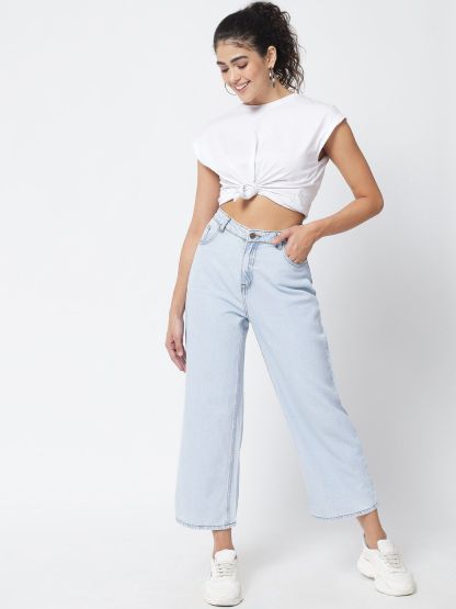 Kotty Women Blue Jean Straight Fit High-Rise Stretchable Cropped Jeans