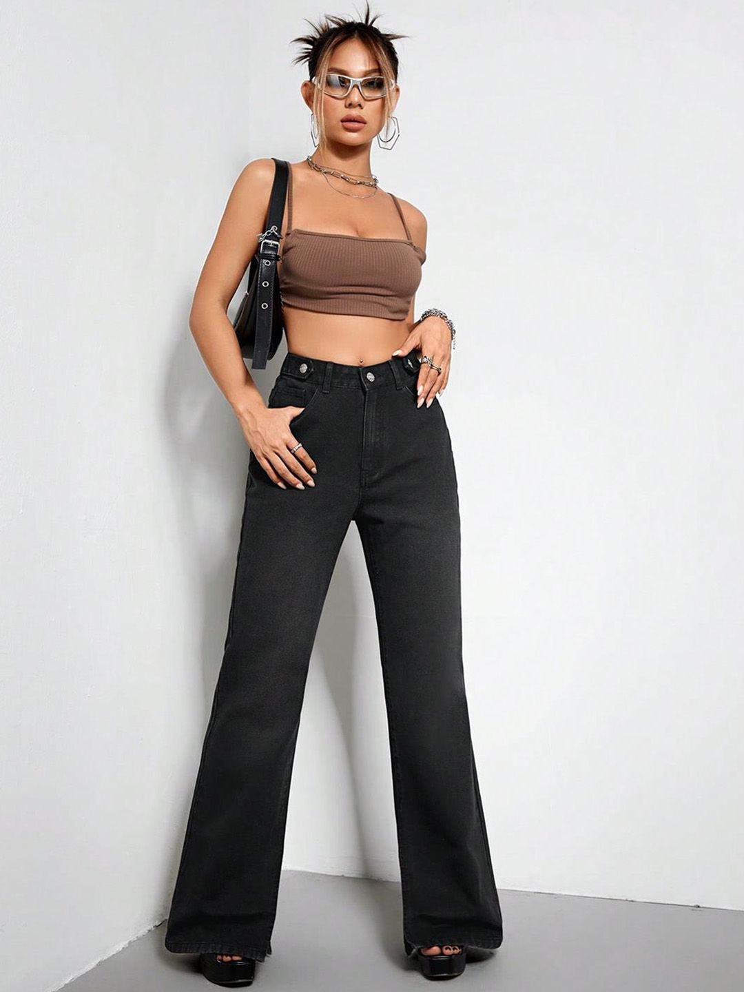 KOTTY Basics Women Black Jean Flared High-Rise Clean Look Stretchable Jeans