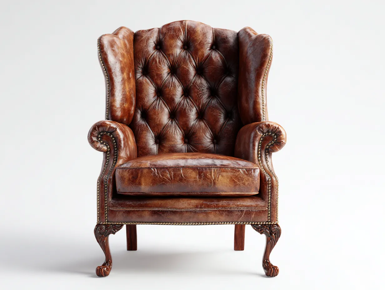 Wingback Armchair-Leather-Wood-84x90x110 cm-Brown-Vintage Tufted Style-Nestgetden