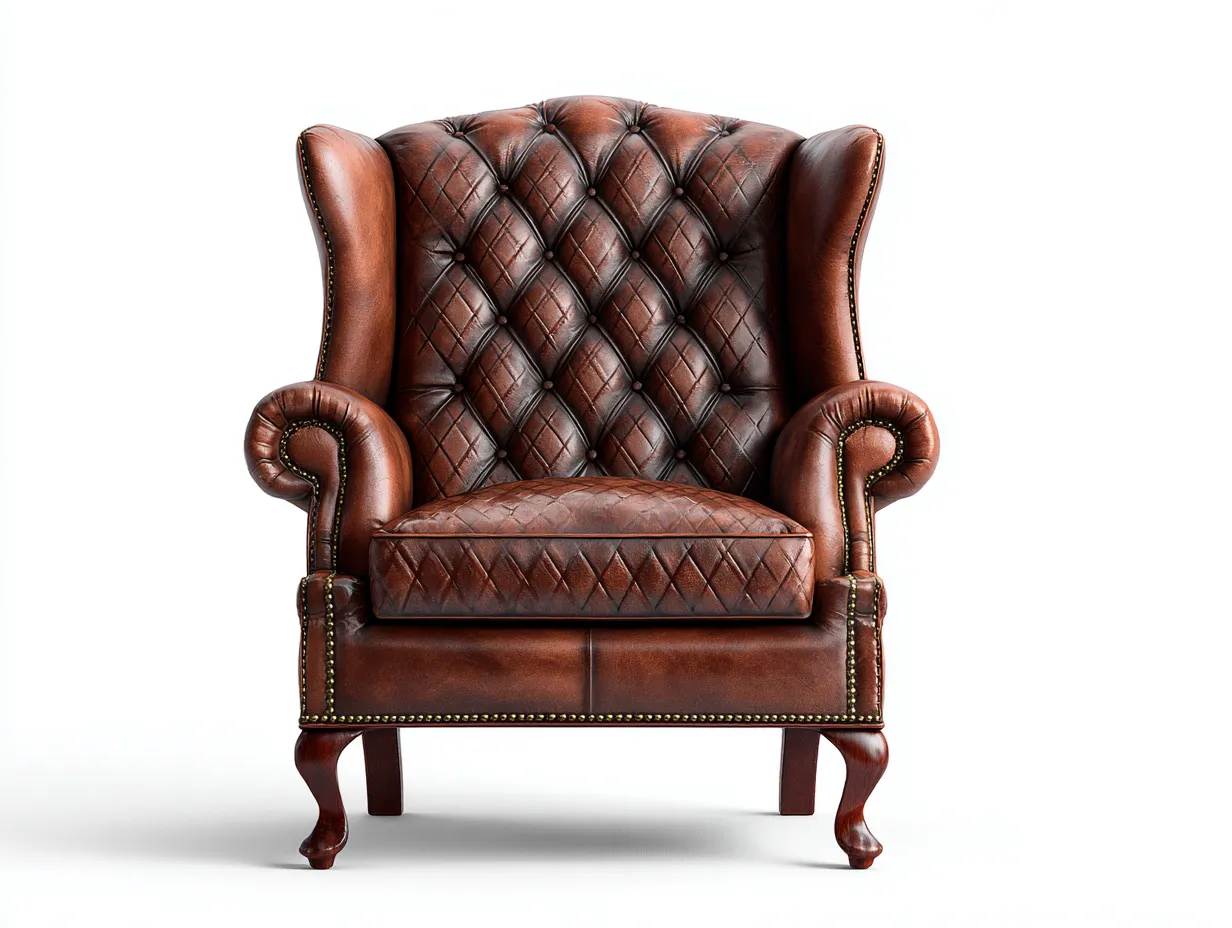 Wingback Armchair-Leather-Wood-83x89x106 cm-Brown-Classic Quilted Style-Nestgetden
