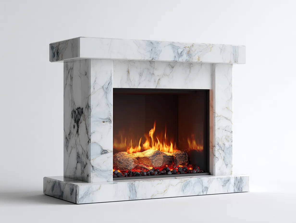 Electric Fireplaces-Stone-Metal-Glass-136x37x96 cm-White Grey-Modern Marble Mantel Style-Nestgetden