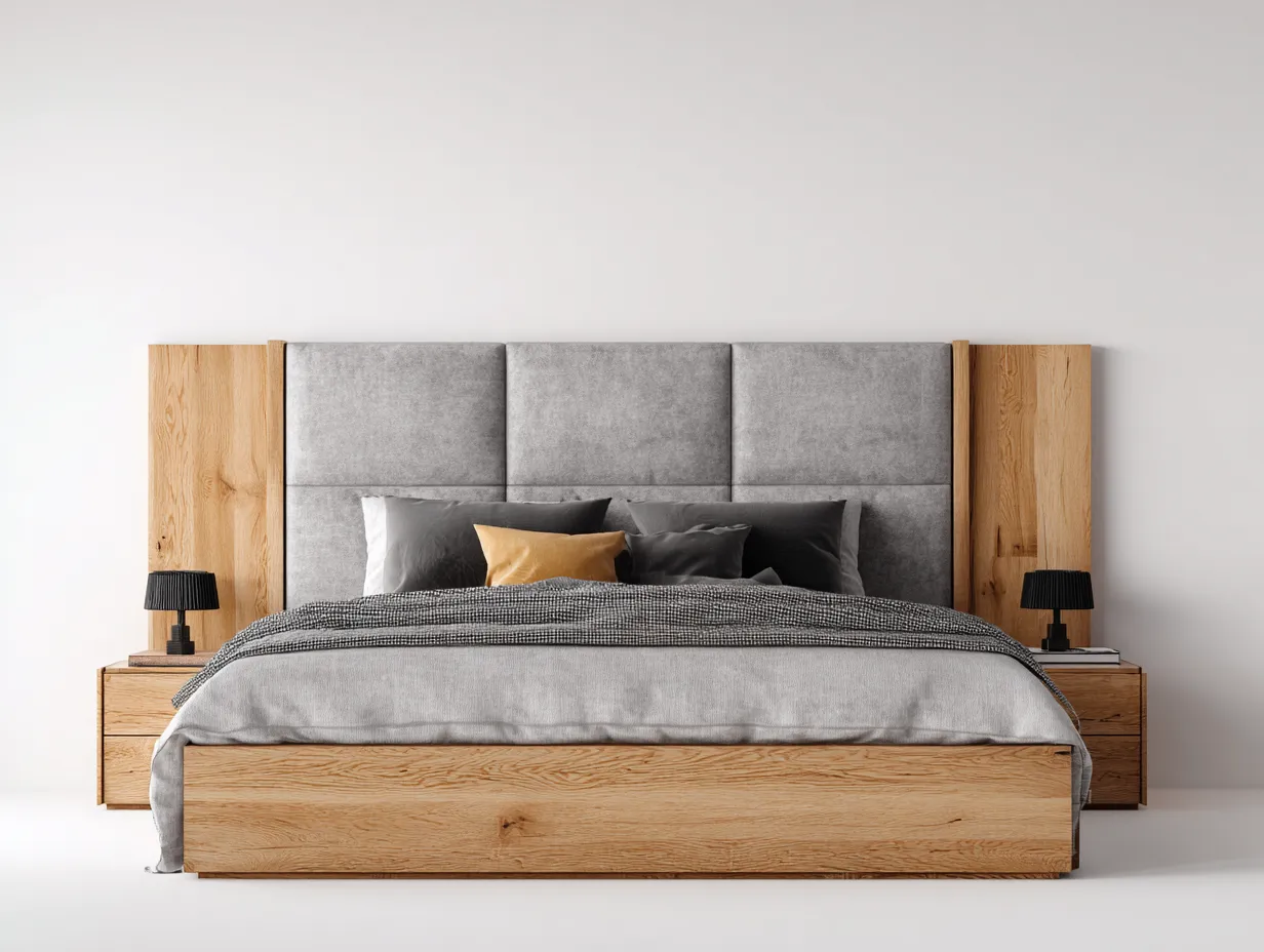 Double Beds - Fabric-Wood - 212x152x108 cm - Grey-Natural Wood - Contemporary Minimalist-Sofamyhub