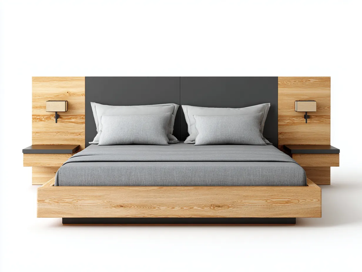 Double Beds - Wood-Fabric - 218x158x103 cm - Natural Wood-Dark Grey - Modern Contemporary-Sofamyhub