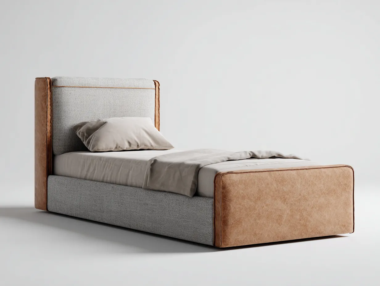 Single Beds - Fabric-Leather - 198x102x96 cm - Grey-Brown - Modern Upholstered-Sofamyhub