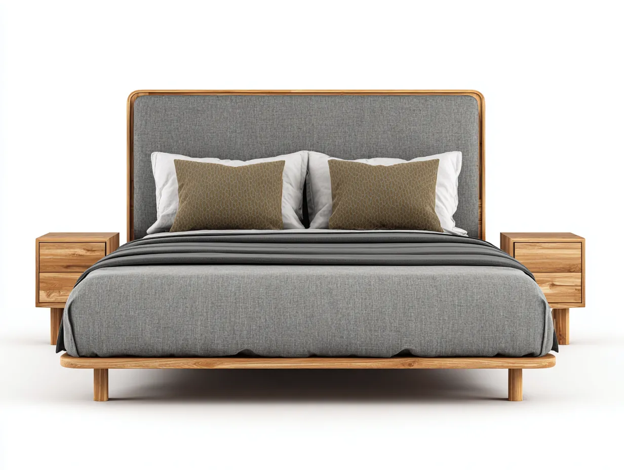 Double Beds - Fabric-Wood - 208x150x104 cm - Grey-Natural Wood - Modern Scandinavian-Sofamyhub