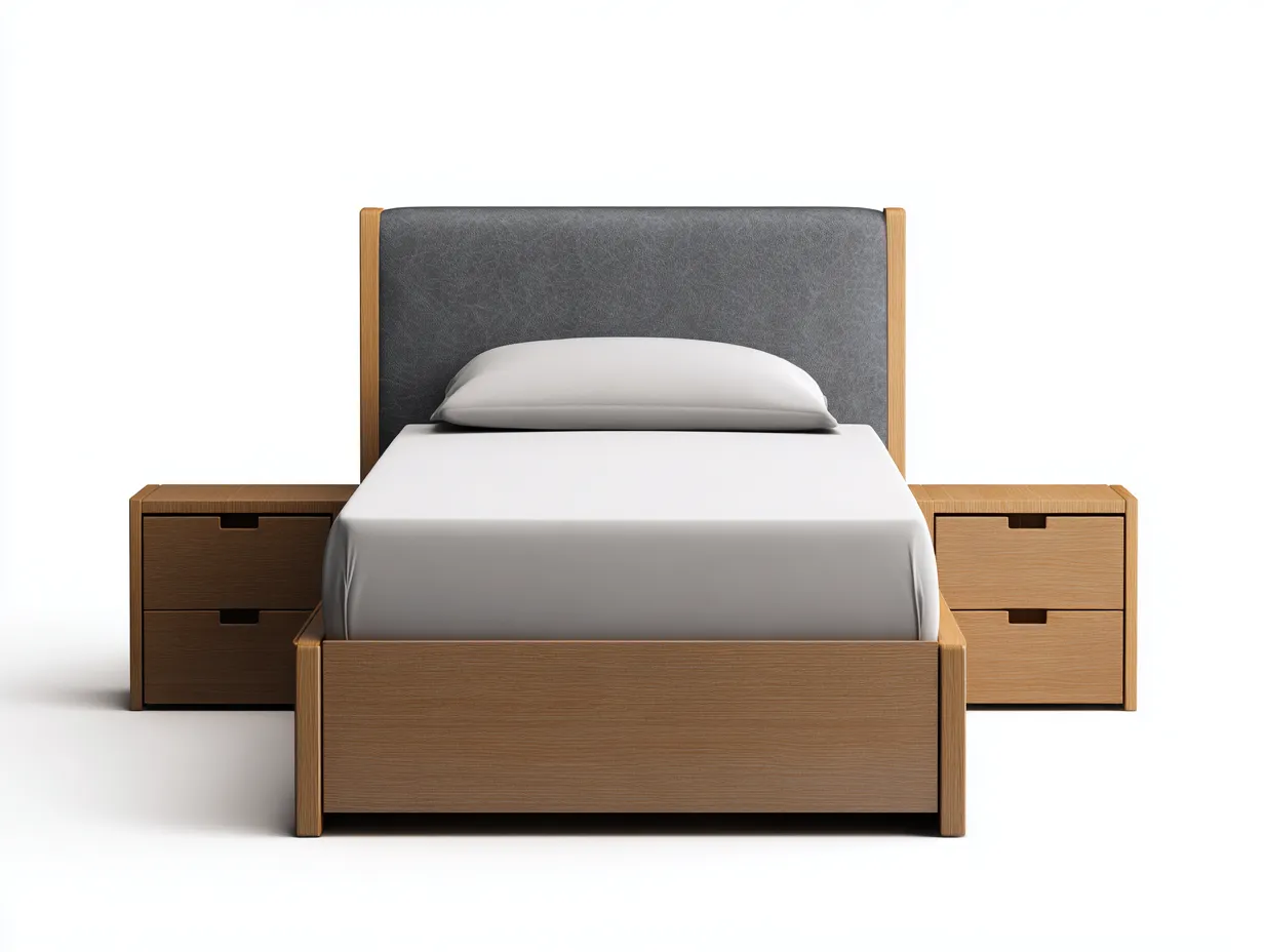 Single Beds - Wood-Leather - 201x99x94 cm - Natural Wood-Grey - Modern Minimalist-Sofamyhub
