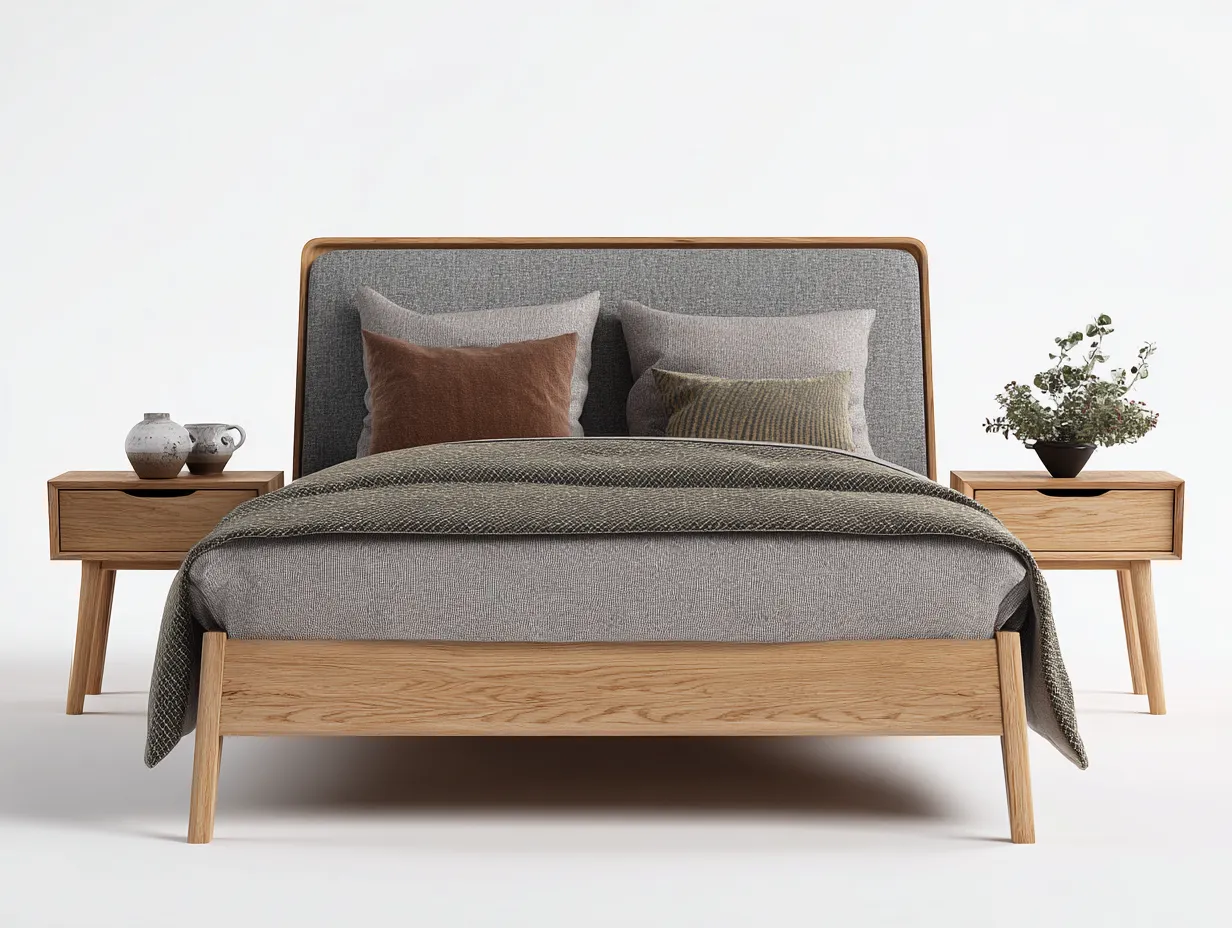 Double Beds - Fabric-Wood - 210x148x102 cm - Grey-Natural Wood - Modern Scandinavian-Sofamyhub