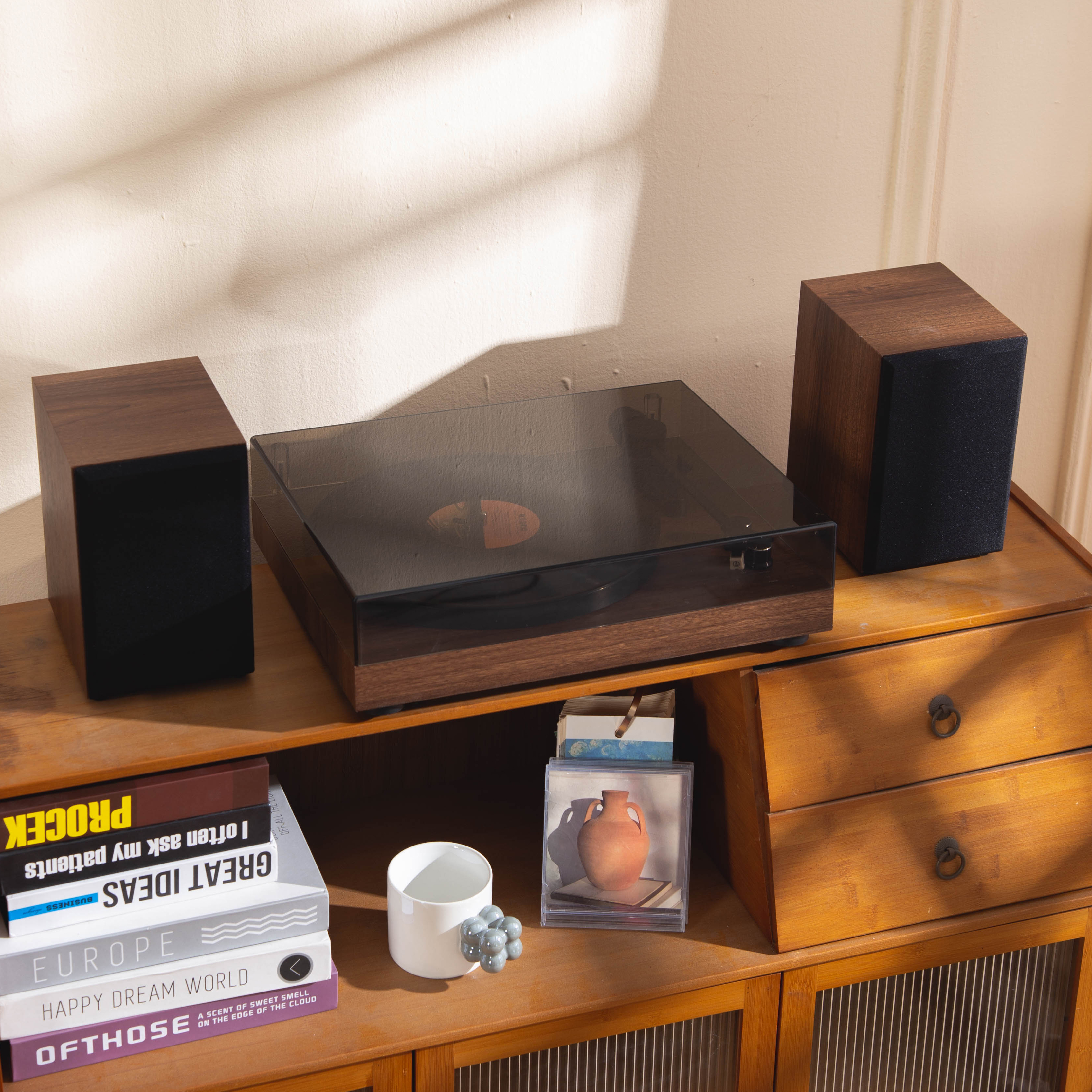 Auryvox VX100 Retro Wood Grain Turntable with Audio-Technica Stylus, All-in-One Moving Magnet Vinyl Record Player