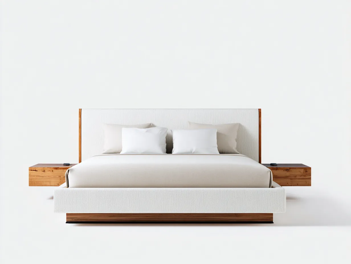 Double Beds - Fabric-Wood - 210x160x110 cm - White-Natural - Modern Platform Style-Casauphome