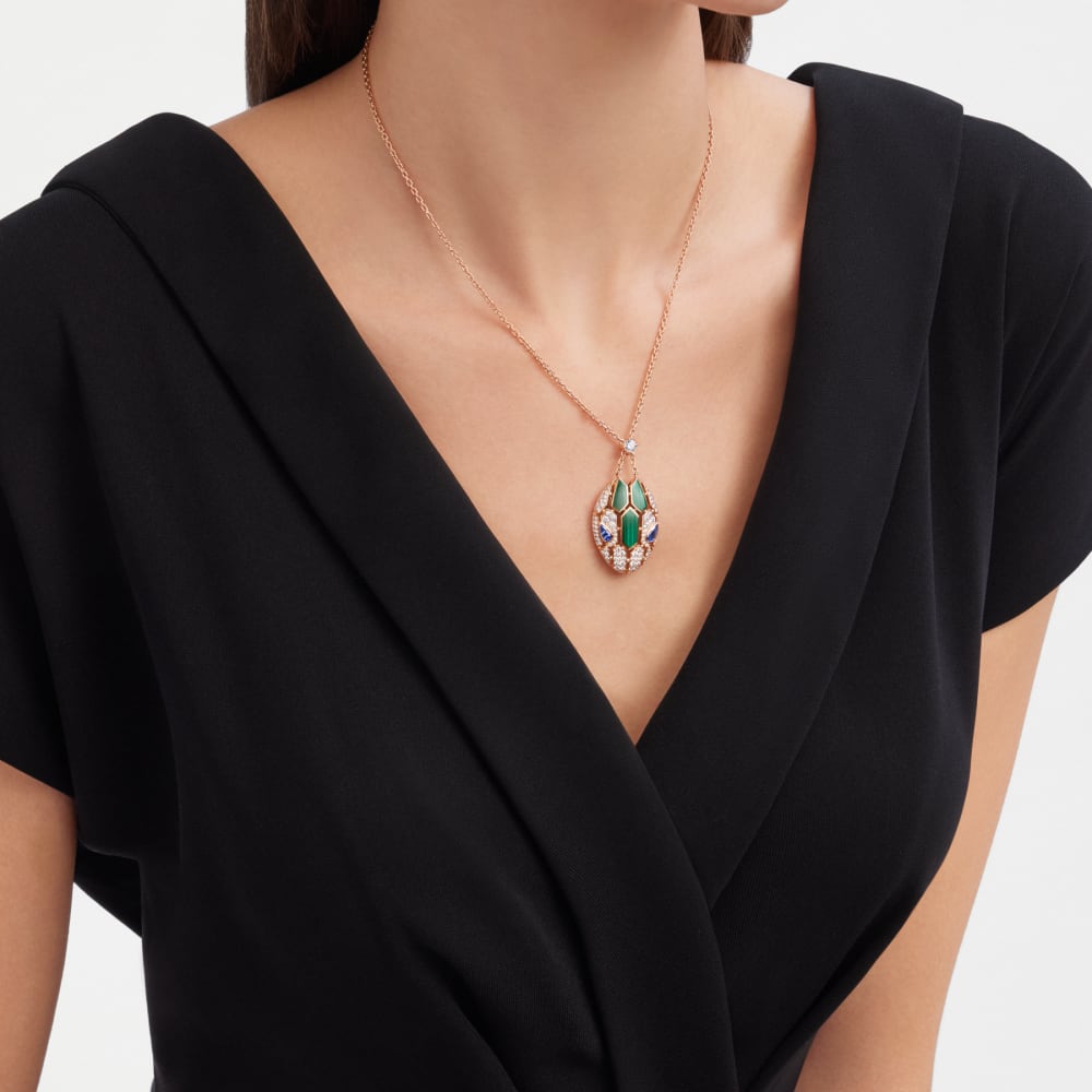 BVLGARI Serpenti Seduttori Necklace 356782 Rose Gold Diamond Sapphire Malachite