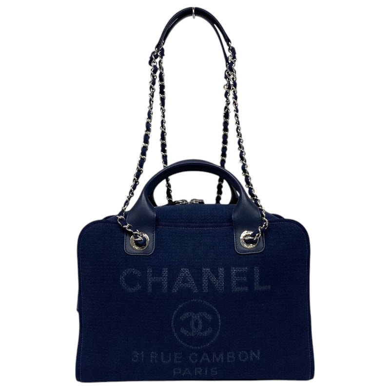 CHANEL ドーヴィル ボーリング Bag A92750 ネイビー Silver 金具 ミックスファイバー Ladies' ハンド Bag