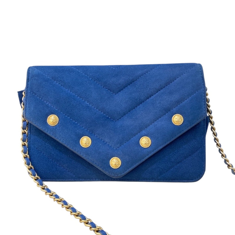 CHANEL シェブロンVステッチ Chain Wallet Blue / Gold 金具 スエード Ladies' ウォレットチェーン