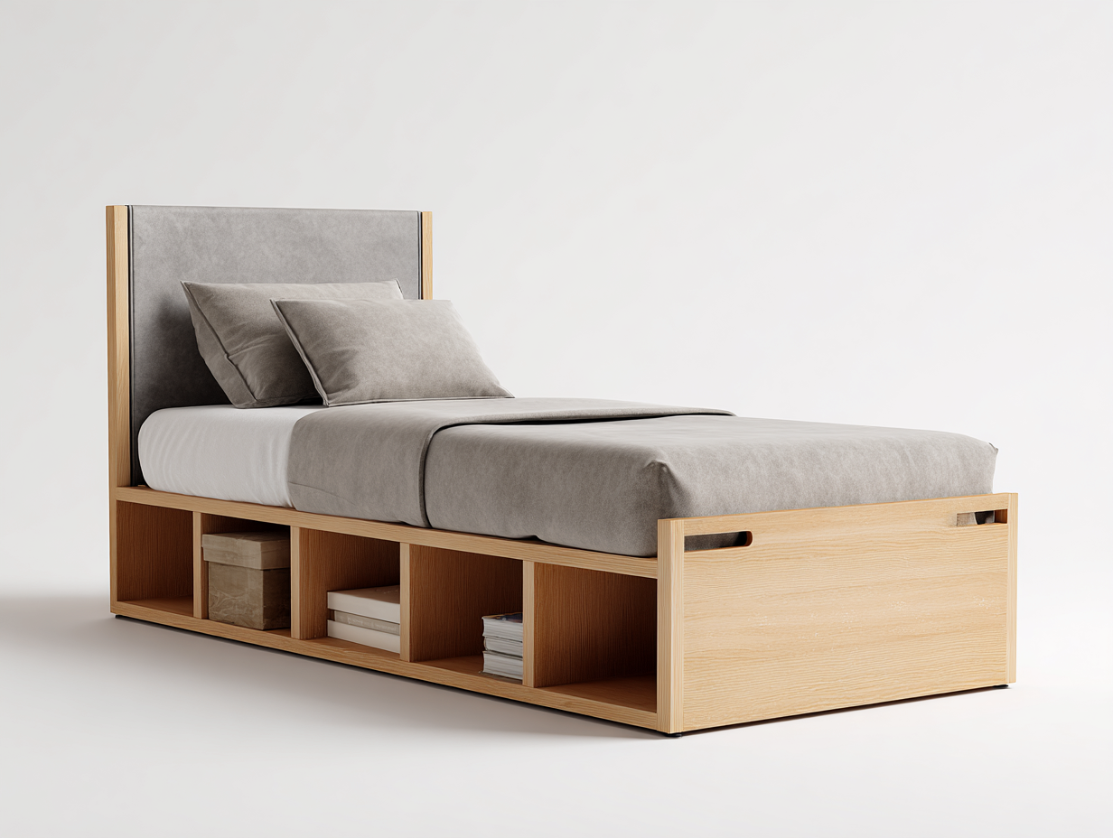 Single Beds - Wood-Fabric - 204x101x102 cm - Grey-Oak - Modern Functional Style-Dengetbay