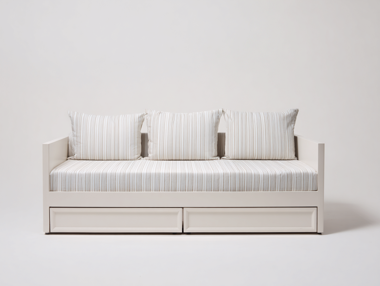 Sofa Bed-Wood-Fabric-200x93x83 cm-White-Beige-Modern Minimalist Daybed-Dengetbay